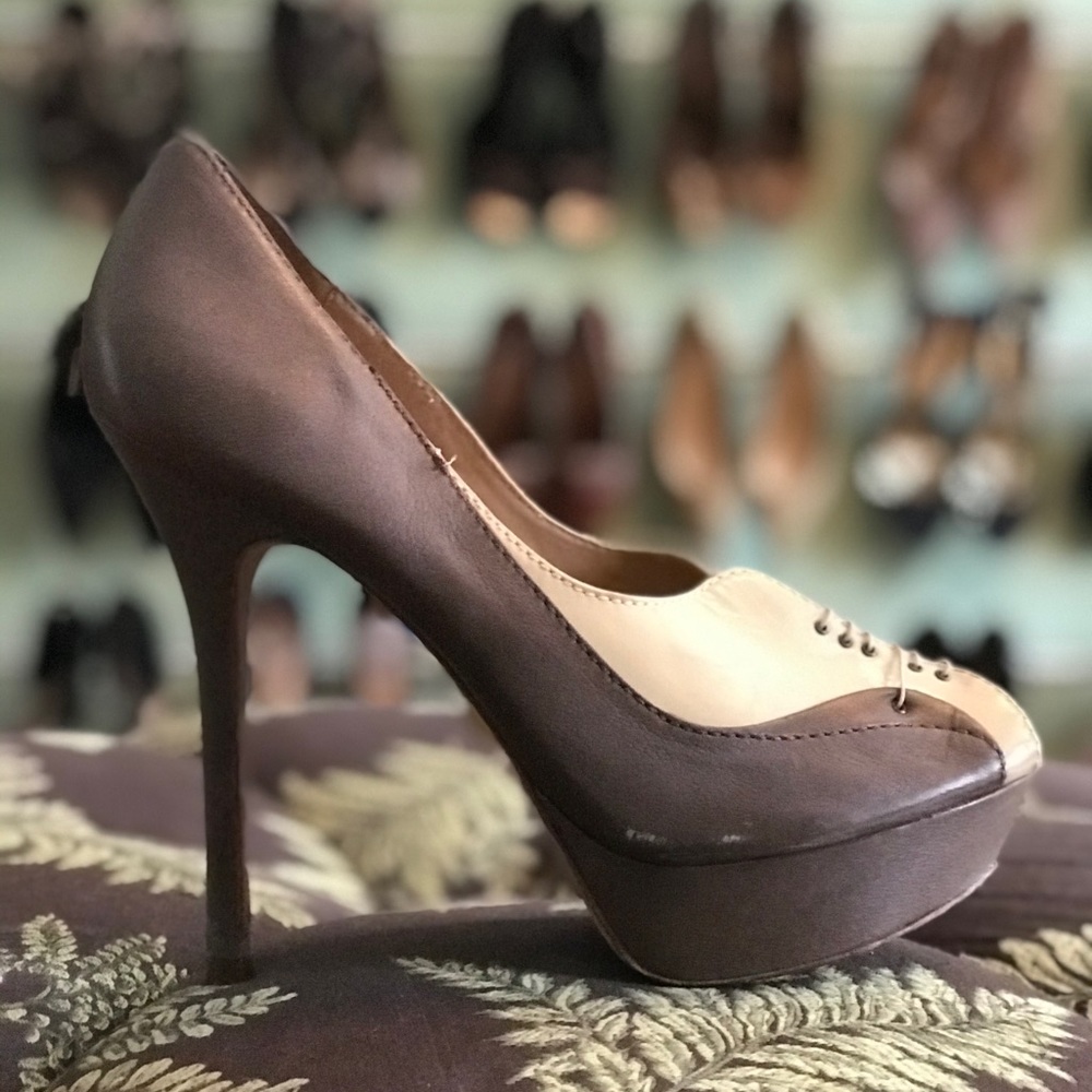 L.A.M.B. Oxford lace up peep toe pumps